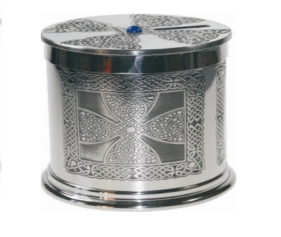 Pewter Money Box With Celtic Cross Design - pewter money box